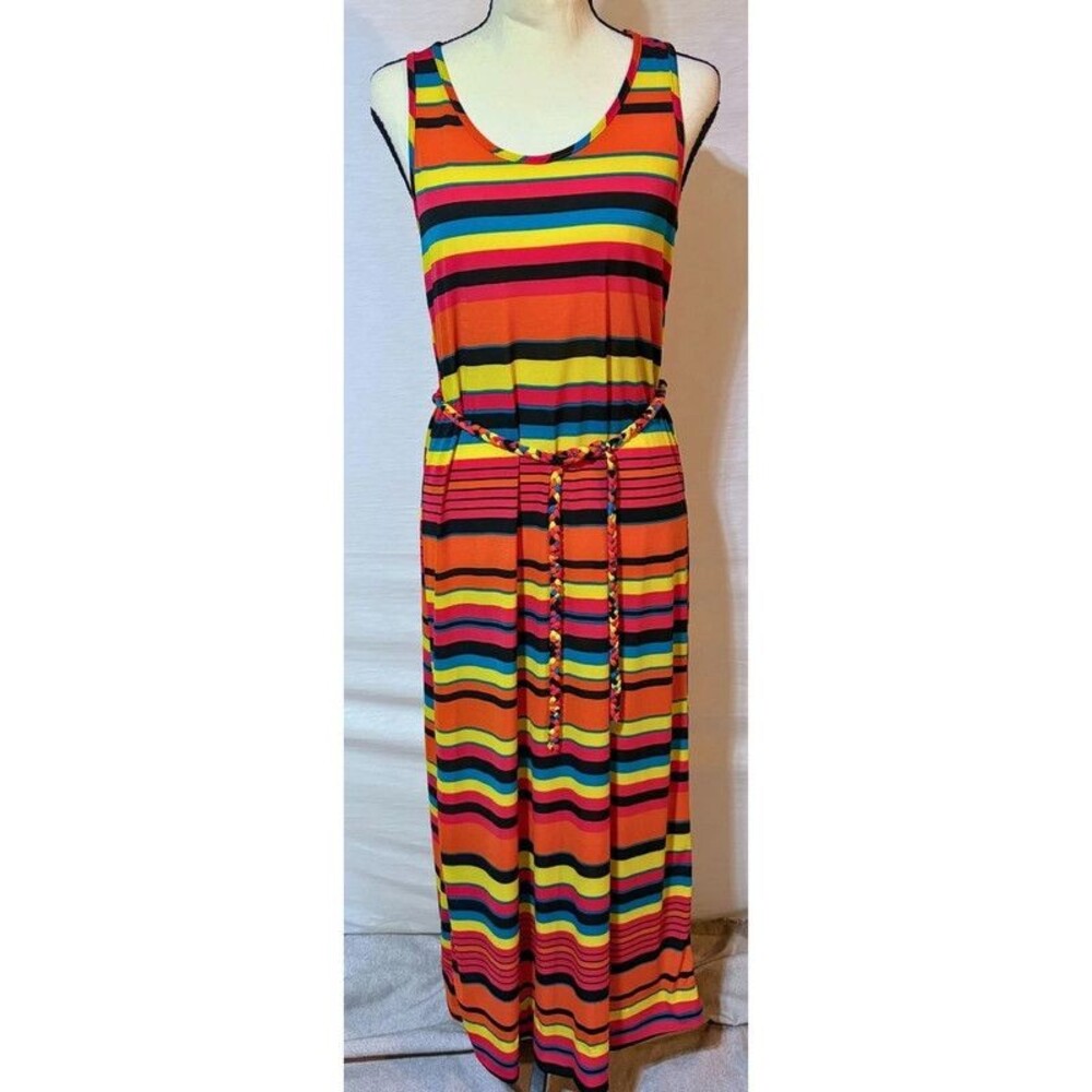 Mi Manchi Rainbow Striped Maxi Dress Sleeveless Tie Waist Long Summer Dress